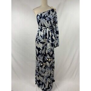 Alexis Randi One Shoulder Maxi Dress Navy Blue Floral Print Size XS Beaded Belt